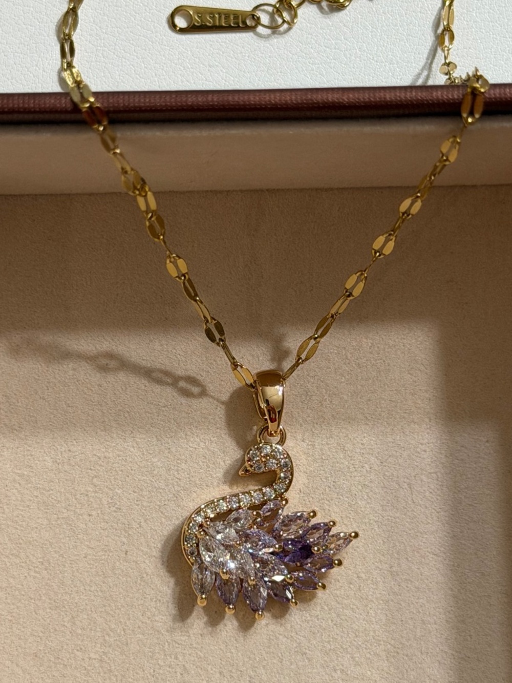Elegant Golden Purple Gradient Swan Zirconia Pendant Stainless Steel Necklace